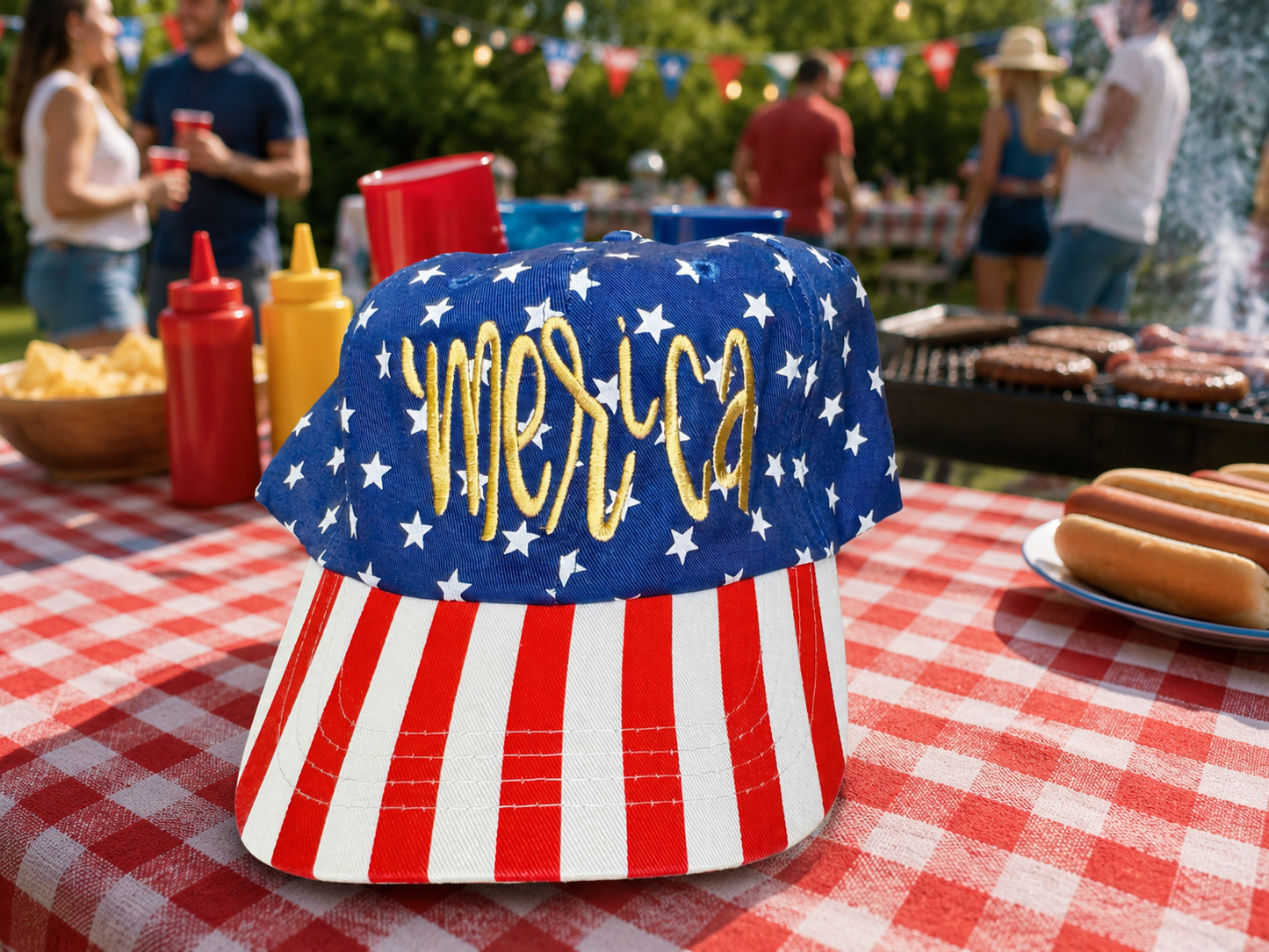 Cursive ‘Merica gold hat