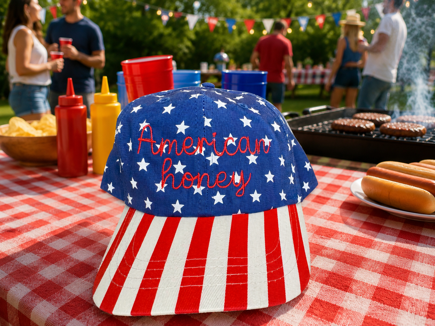 American Honey on flag star hat