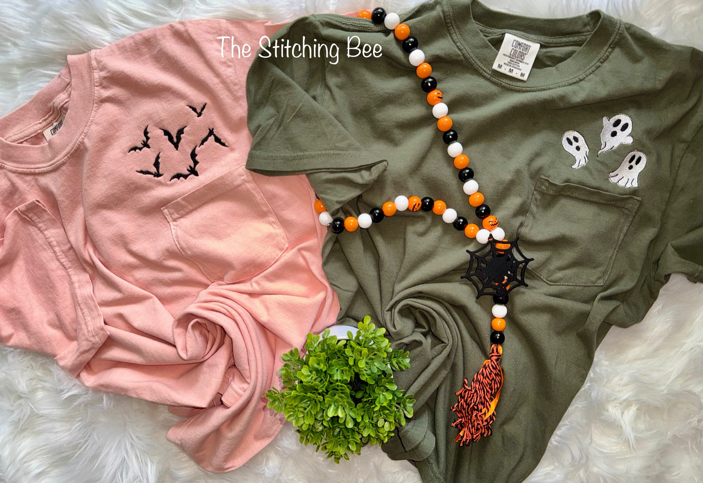 Spooky Bats or Ghosts Pocket Tee – Peach