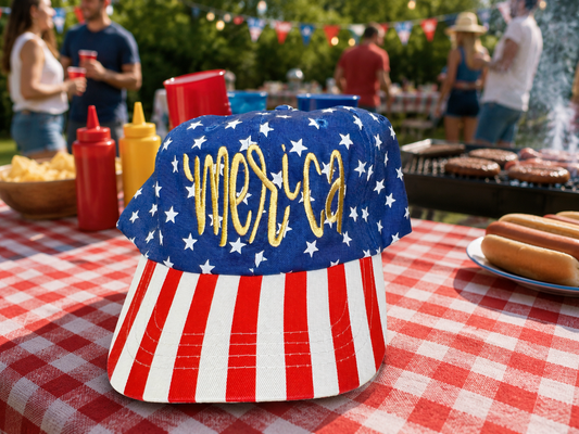 Cursive ‘Merica gold hat