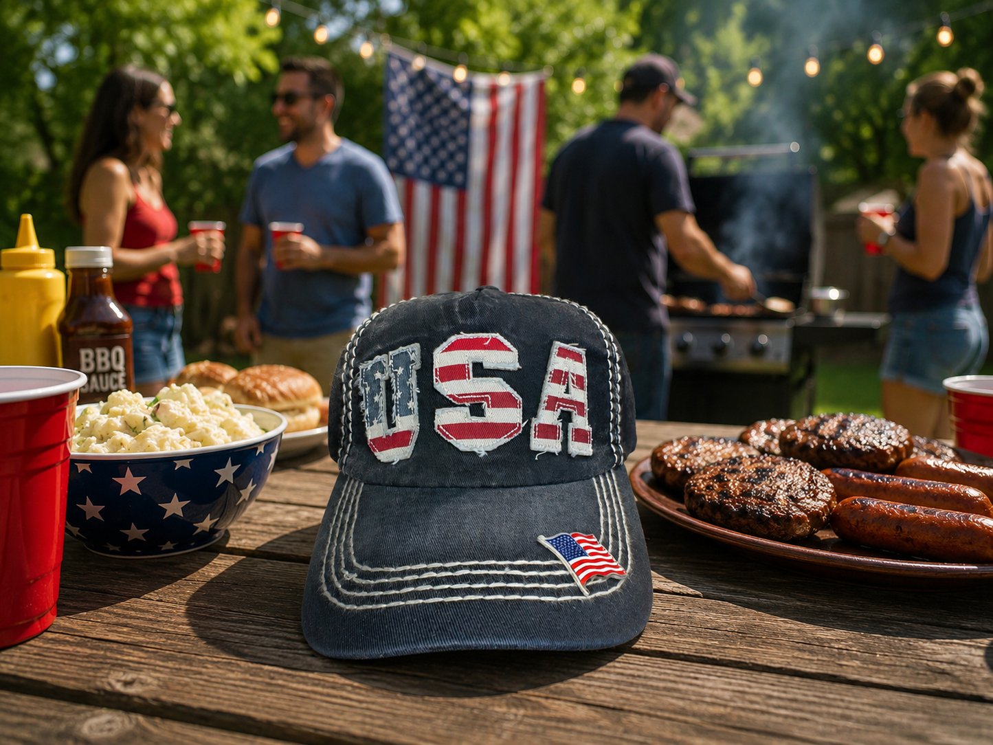 USA appliqué hat with flag pin