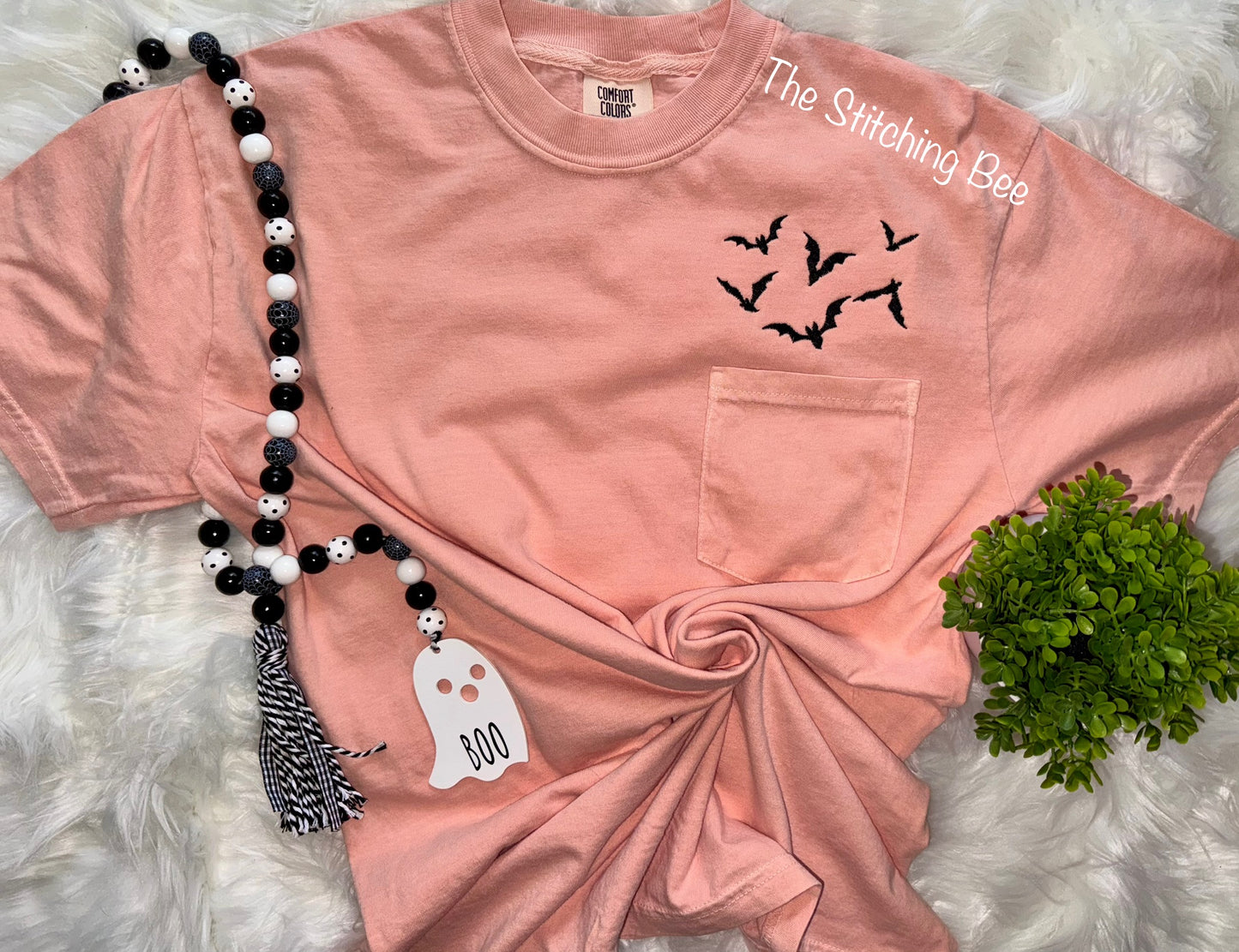 Spooky Bats or Ghosts Pocket Tee – Peach