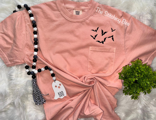 Spooky Bats or Ghosts Pocket Tee – Peach