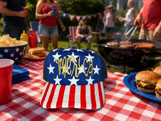 Cursive ‘Merica gold on star flag hat