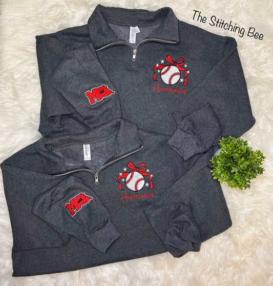 Hurricanes baseball embroidered bow quarter zip with embroidered sleeve
