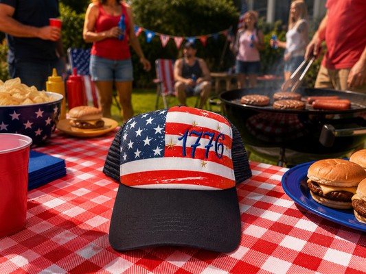 1776 blue on black bill flag hat