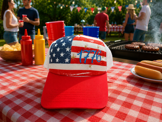 1776 on red bill flag hat in light blue