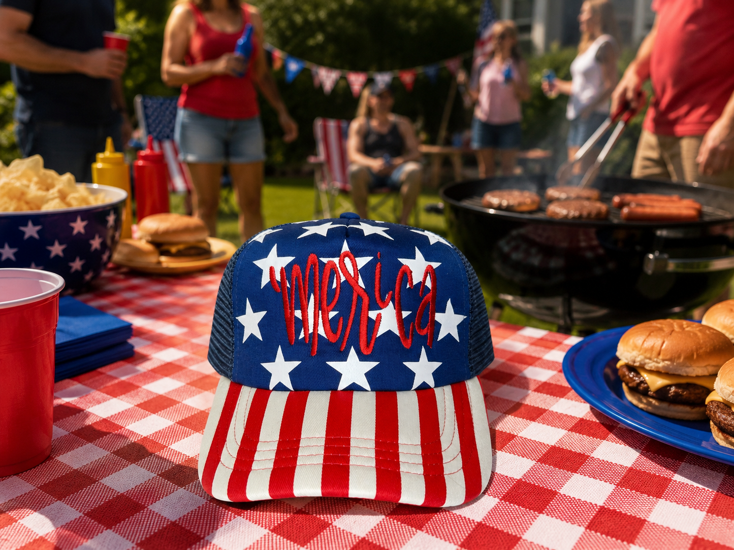 Cursive ‘Merica red on star flag hat