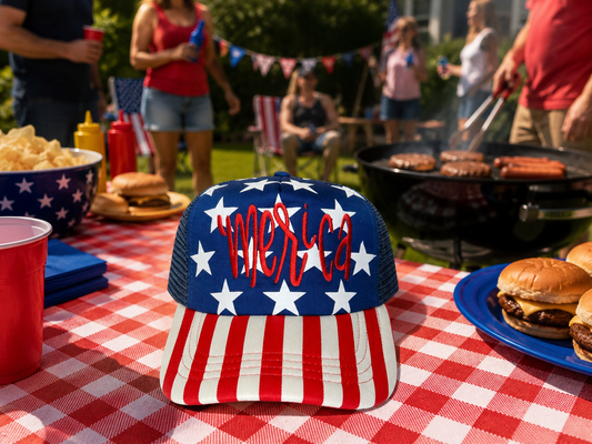Cursive ‘Merica red on star flag hat