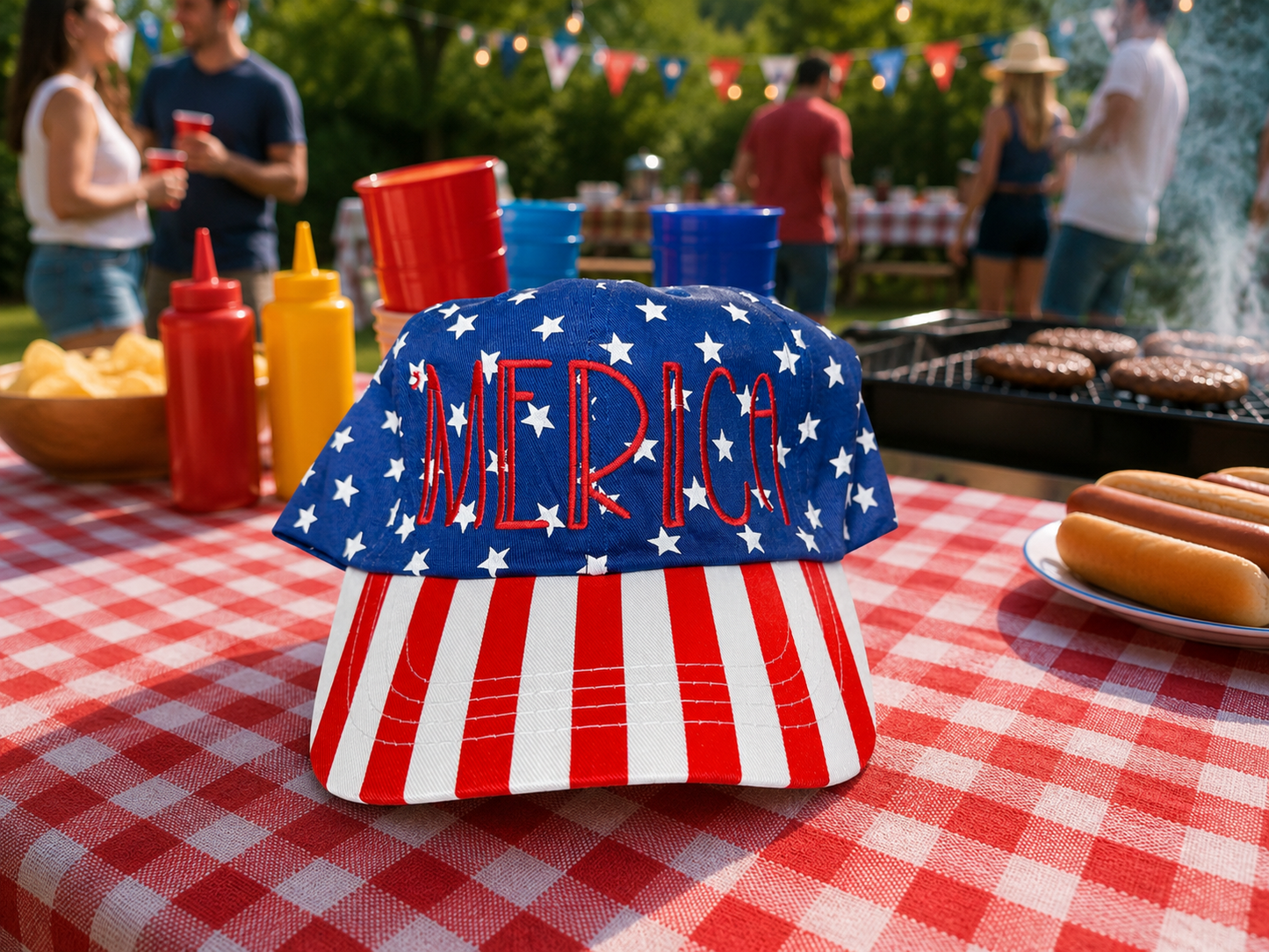 ‘Merica in red in flag star hat