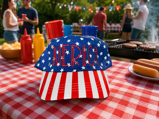 ‘Merica in red in flag star hat