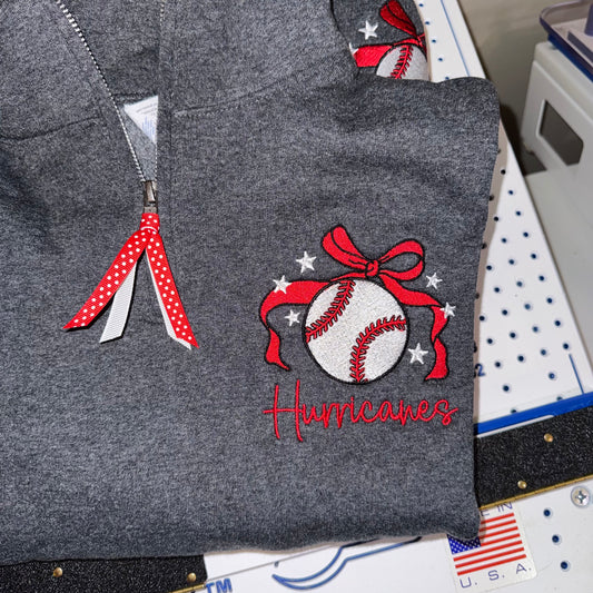 Hurricanes Baseball Bow Quarter Zip Pullover | Embroidered Team Spirit Sweatshirt
