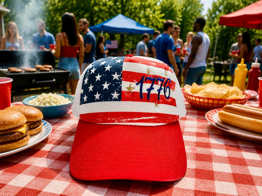 1776 on red bill flag hat