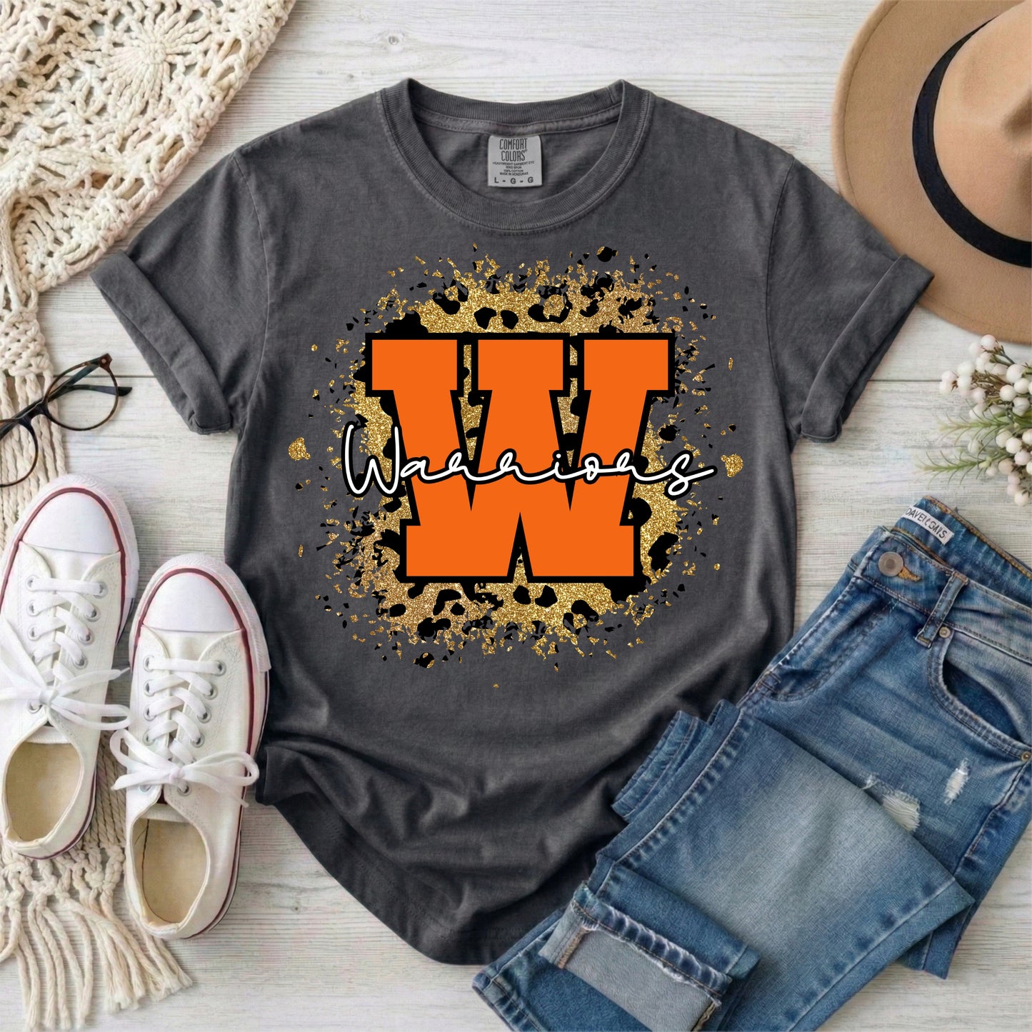 Faux glitter leopard print Warriors short sleeve